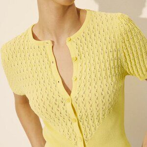 NWT Yellow Hollow Knit Fitted Buttoned Top